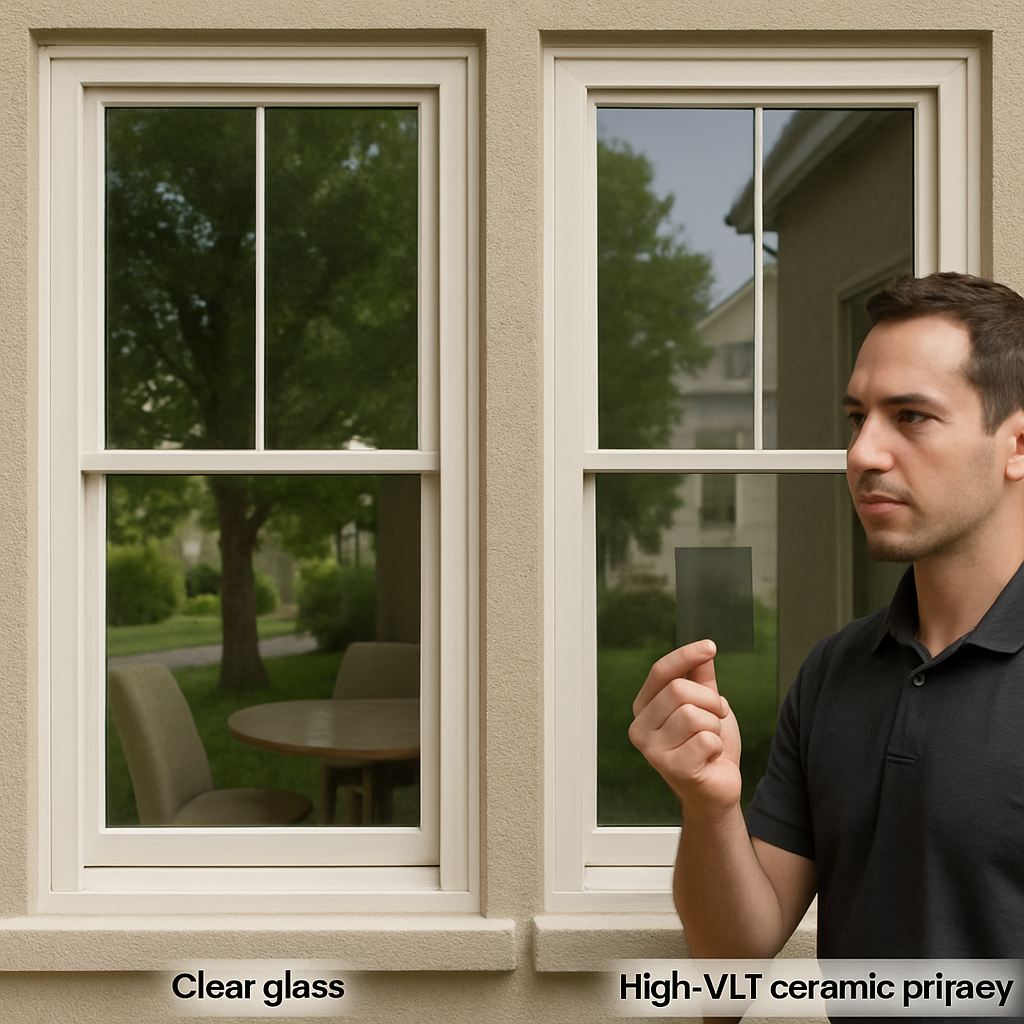 Photo-realistic image of two adjacent residential windows: left window with untreated clear glass, right window with high-VLT ceramic privacy film. Scene shows identical daylight, preserved view through the treated glass, subtle reduction in glare on interior surfaces, and a professional installer holding a small sample swatch. Mood: professional, analytical.