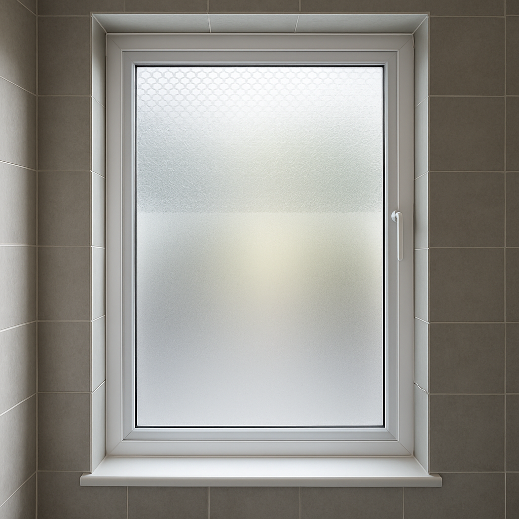 Photo realistic image of a bathroom window with a frosted gradient privacy film applied to the lower two-thirds, clear patterned film at the top, showing diffuse daylight, steam-resistant adhesive finish, and a modern tile background. Mood: professional.