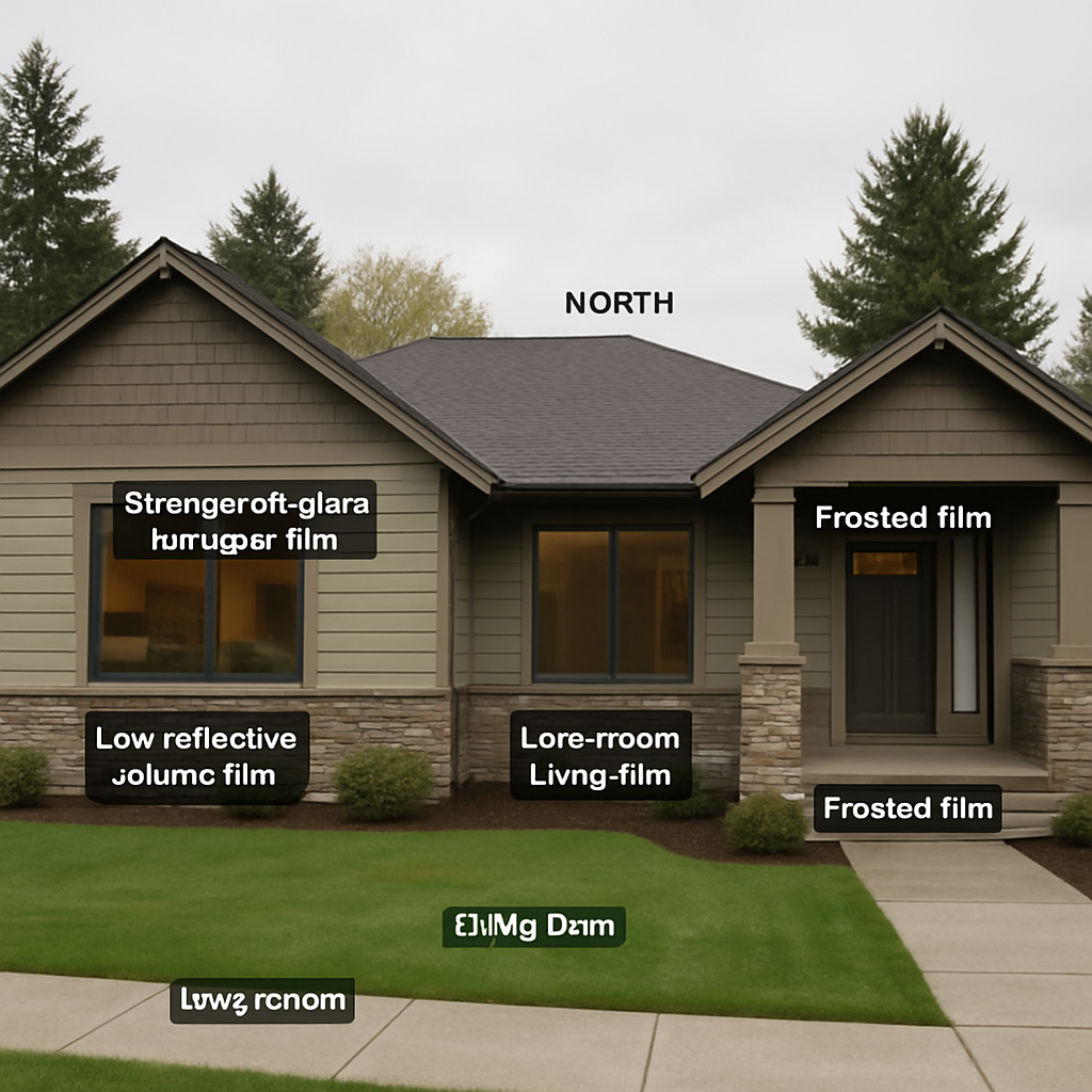 Photo realistic image of a single-story Oregon home with cardinal directions labeled (north, south, east, west) and callouts showing recommended film types on each façade: low-reflective ceramic on south living room, stronger anti-glare film on west kitchen, frosted film on street-facing sidelights. Mood: professional, practical.