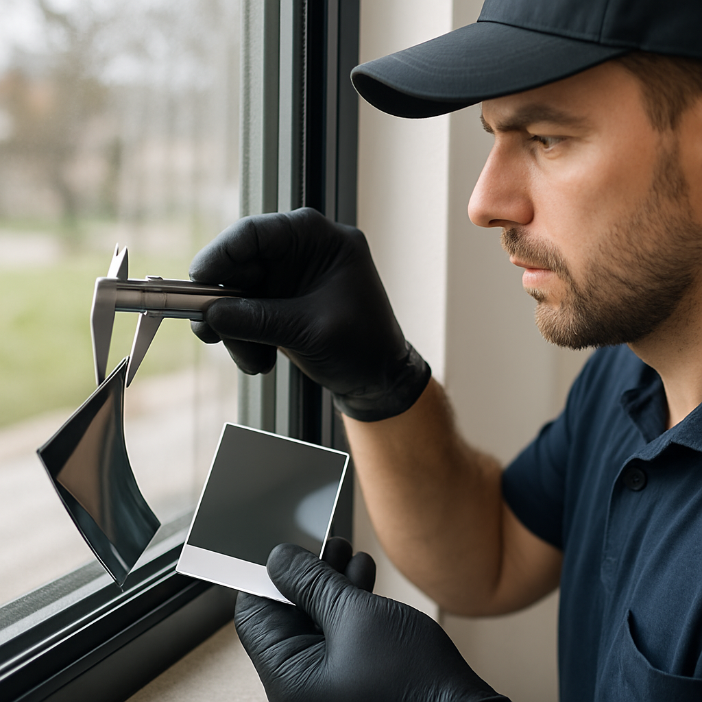 Photo realistic image of a professional installer performing an on-glass test fit: close-up of a technician checking film edge clearance on an insulated glass unit, showing tools for measuring frame depth and a catalog swatch labeled with a film code. Mood: professional, practical