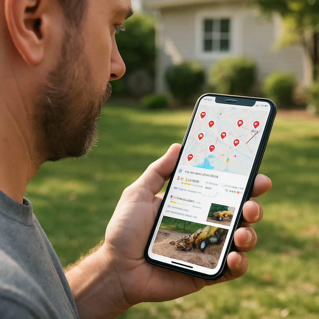 Photo realistic image of a homeowner using a smartphone with Google Maps open showing local stump removal services near me, map pins, review snippets, and a contractor profile with job photos visible. Professional, daytime, suburban yard in background.