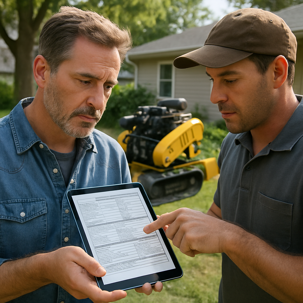 Photo realistic image of a homeowner and a contractor reviewing a certificate of insurance on a tablet with a stump grinder parked nearby in a suburban yard. The contractor points to the policy details while the homeowner holds the tablet. Professional, daytime, clear focus on document and equipment.
