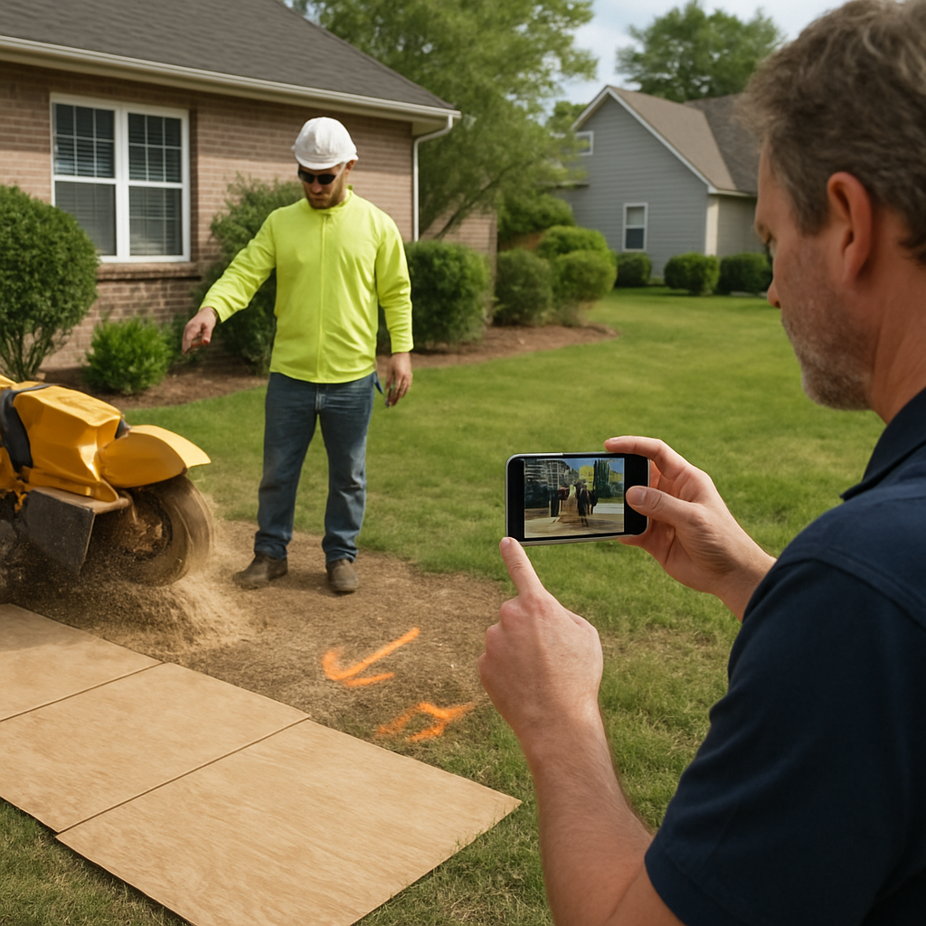 Photo realistic image of a stump grinder at work in a suburban yard with plywood protection over lawn, a crew member pointing to a marked `811` utility locate, and a homeowner taking a before photo on a smartphone. Professional, daytime, clear composition, practical mood.