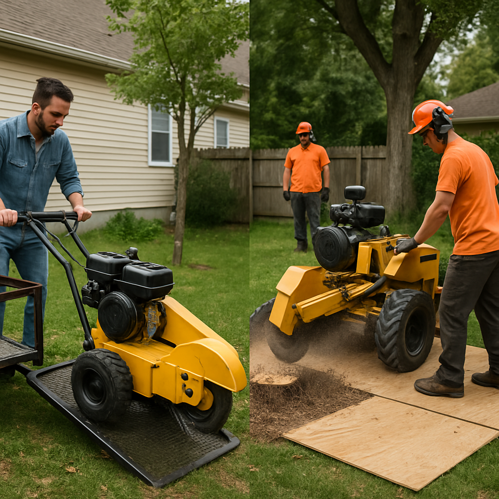 Photo realistic image showing a homeowner loading a rented small stump grinder from a trailer in a suburban backyard on one side, and on the other side a professional crew operating a large commercial stump grinder with protective plywood over turf. Daylight, professional, clear comparison of DIY versus pro equipment.