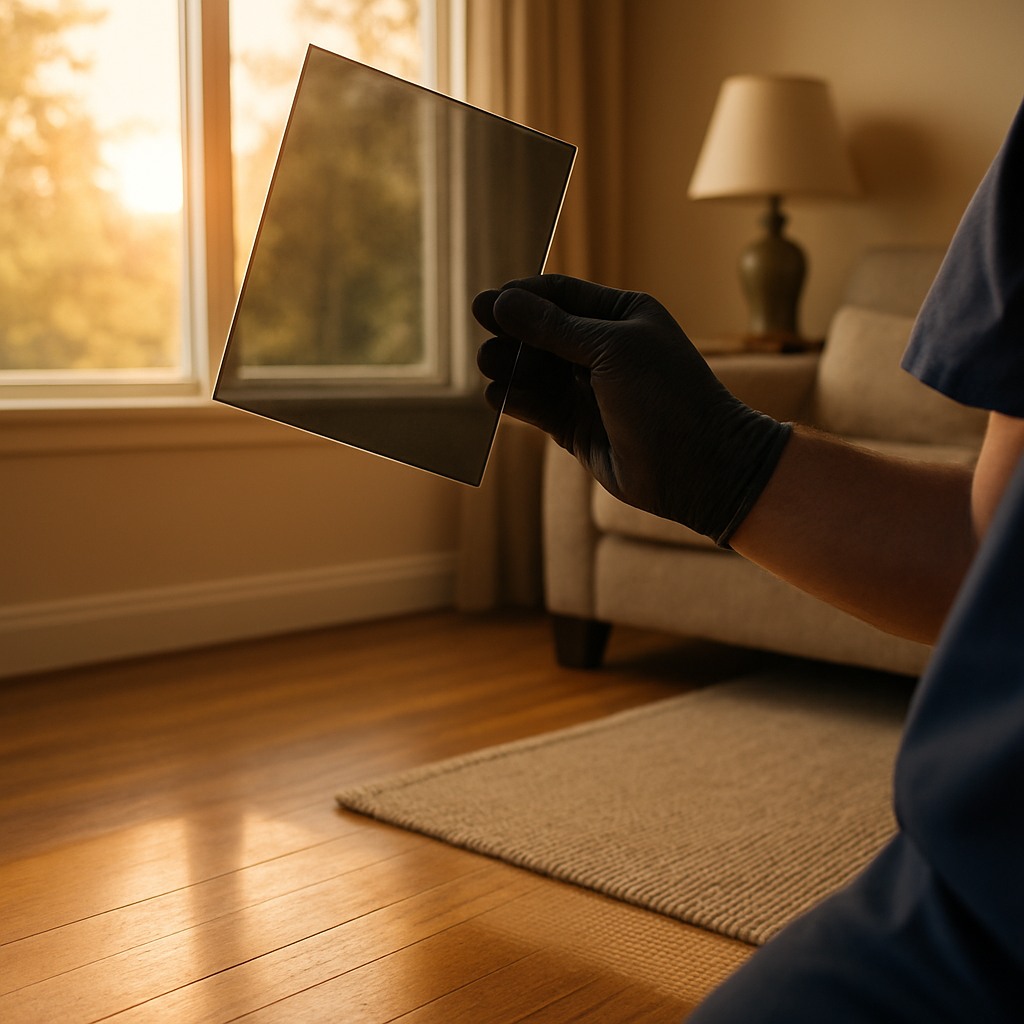 Close-up photo-realistic image of a sunlit west-facing living room showing a faded edge on a hardwood floor next to a preserved area under a rug, with a technician holding a sun protection window film sample up to the window. Professional, analytical mood.