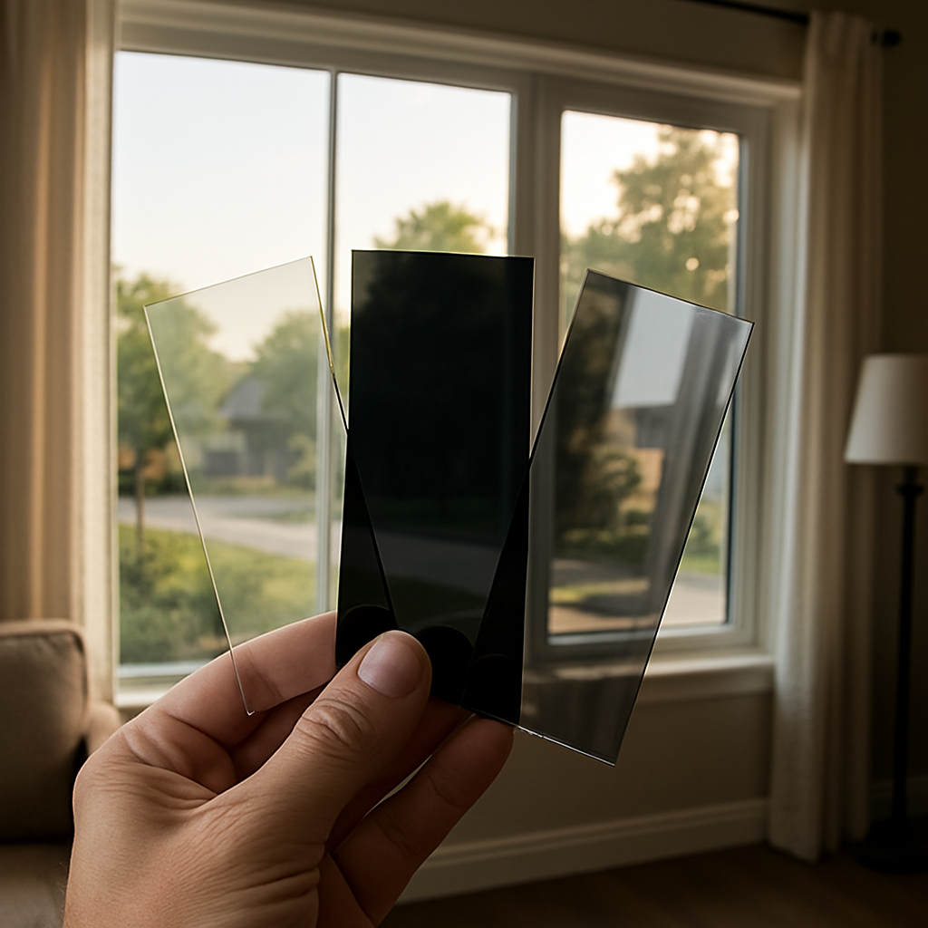 Photo realistic image of three window film samples held against a west-facing living room window showing minimal color shift for the ceramic sample, a darker tint for dyed film, and a reflective sheen for a metalized film. Professional, analytical mood.
