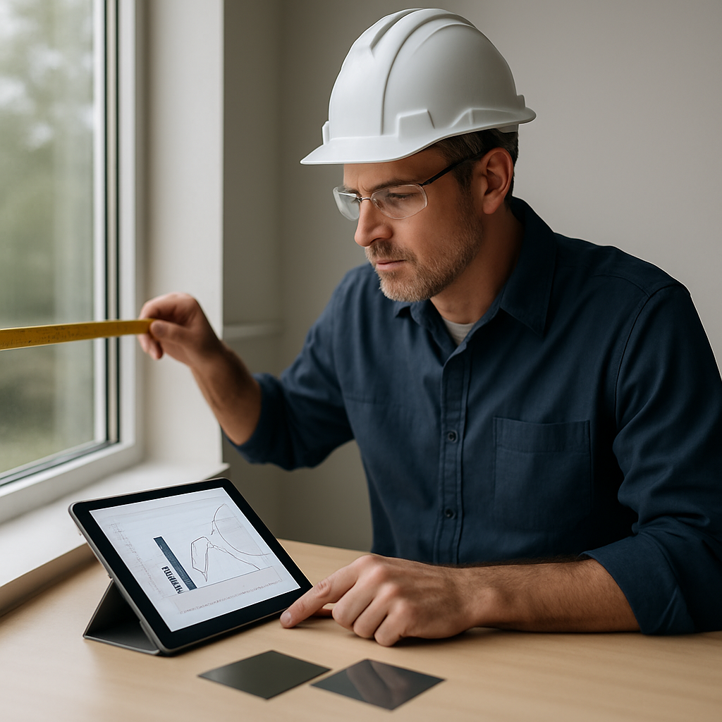 Photo realistic image of a technician on site measuring windows and reviewing a tablet that displays a simple ROI calculation and spectral transmission chart, with two small window film samples on a table. Professional, analytical mood.