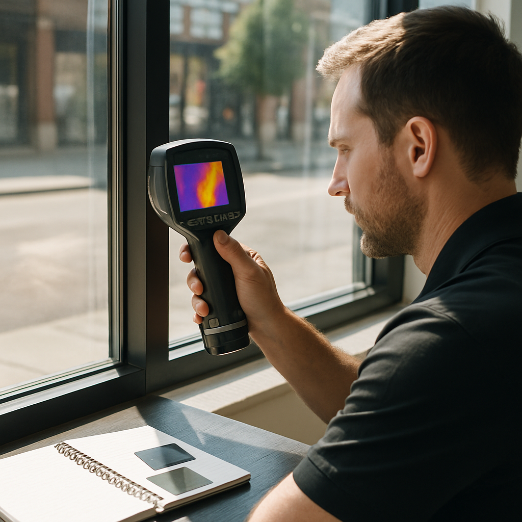 Photo realistic image of a technician performing an on-site inspection of window film: taking close-up photos of window edges, using a handheld thermal camera on a sunlit storefront pane, with a notebook and two small film samples visible on a table. Professional, analytical mood.