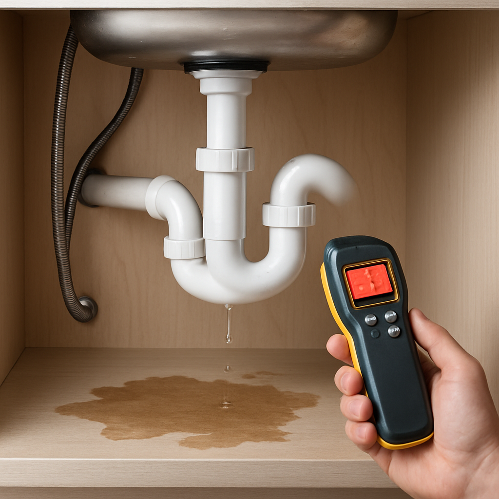Photo realistic image of the underside of a kitchen sink showing a leaking P-trap with water staining on the cabinet bottom, a braided stainless supply line, and a handheld moisture meter in view, professional, well-lit, neutral background