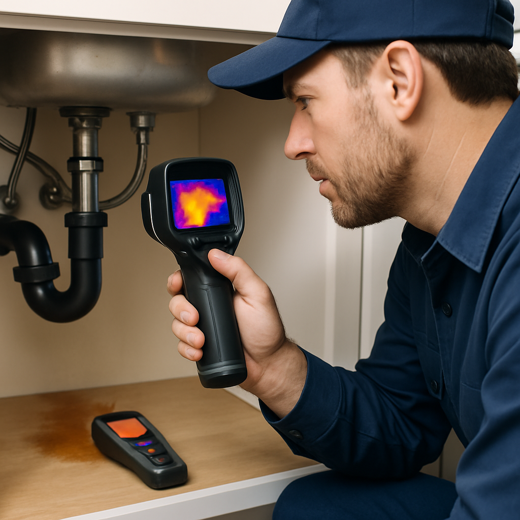 Photo realistic image of a professional plumber diagnosing a leak under a kitchen sink: handheld thermal imaging camera displaying a hotspot pattern, moisture meter on the cabinet floor, braided stainless supply lines and P-trap visible, technician in workwear, well-lit and professional