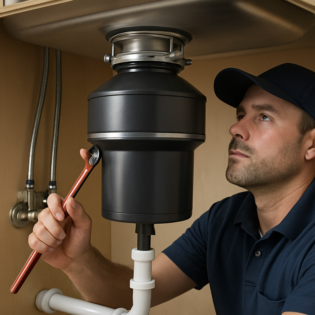 Photo realistic image of a plumber replacing a kitchen garbage disposal: visible new disposal mounted to an undermount sink flange, plumber using a basin wrench under the cabinet, braided stainless sink supply lines visible, clean organized work area, professional, well-lit