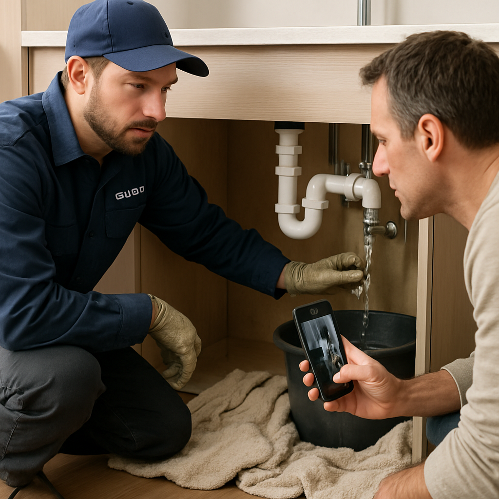 Photo realistic image of an emergency kitchen leak response: a plumber in Portland-branded workwear shutting off the water at the under-sink shutoff, a homeowner photographing water damage with a smartphone, towels and a bucket containing the leak, professional, well-lit, neutral background