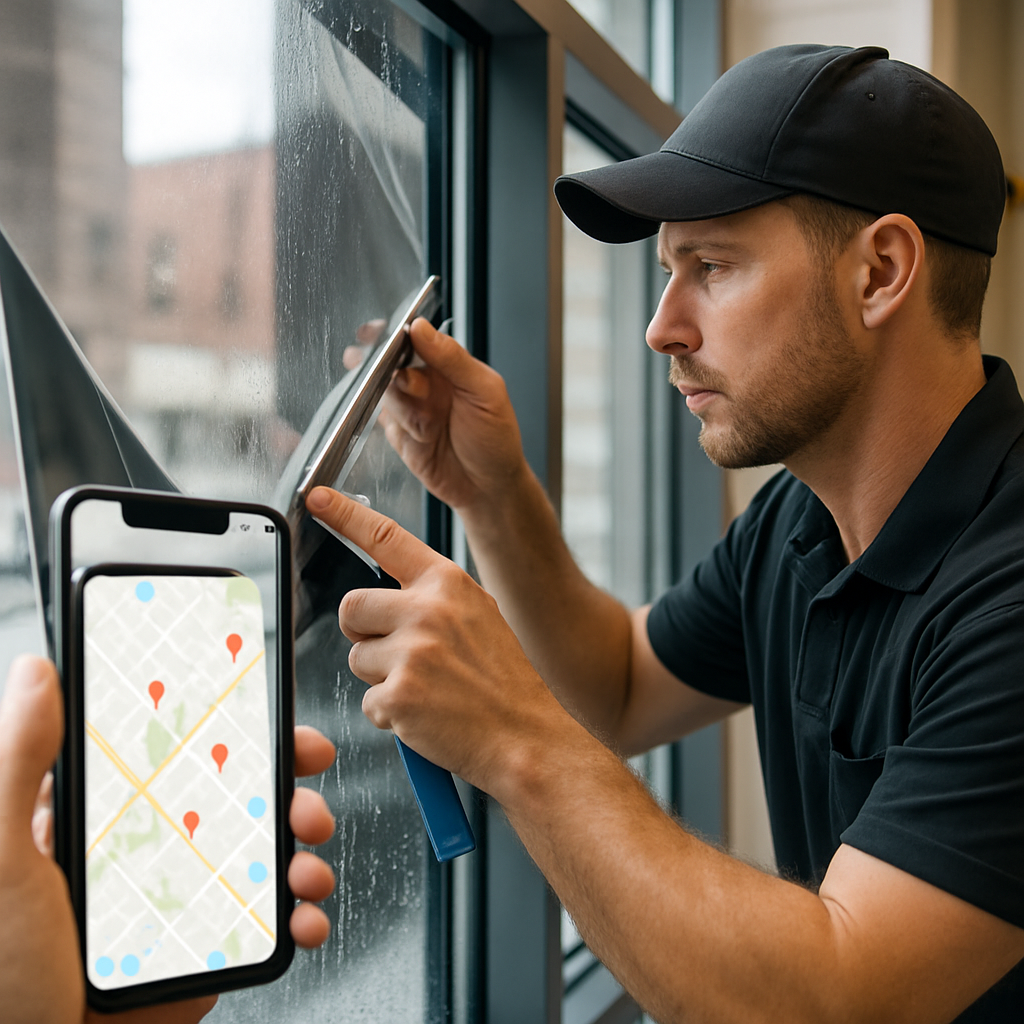 Photo realistic image of a technician applying window tint film to a large commercial storefront window, with a smartphone in the foreground showing a Google Maps listing and pinned local installers; professional mood, clear lighting, focus on edge trimming and squeegee work