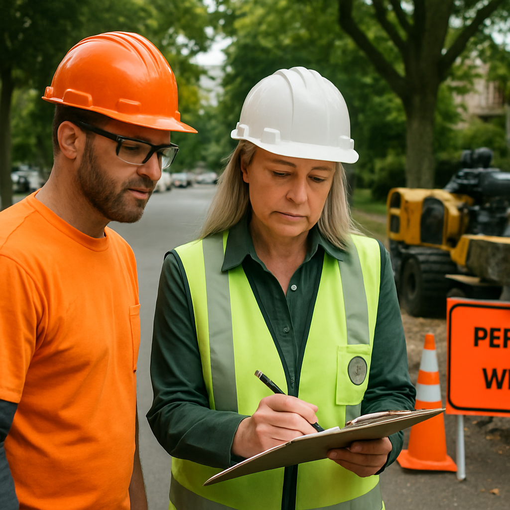 Photo realistic image of a licensed arborist and a city urban forestry inspector reviewing a street <a href='https://mrtreeinc.com/tree-removal/'>tree removal</a> site near a sidewalk with permit signage visible, safety cones, and a stump grinder staged in the background - professional mood