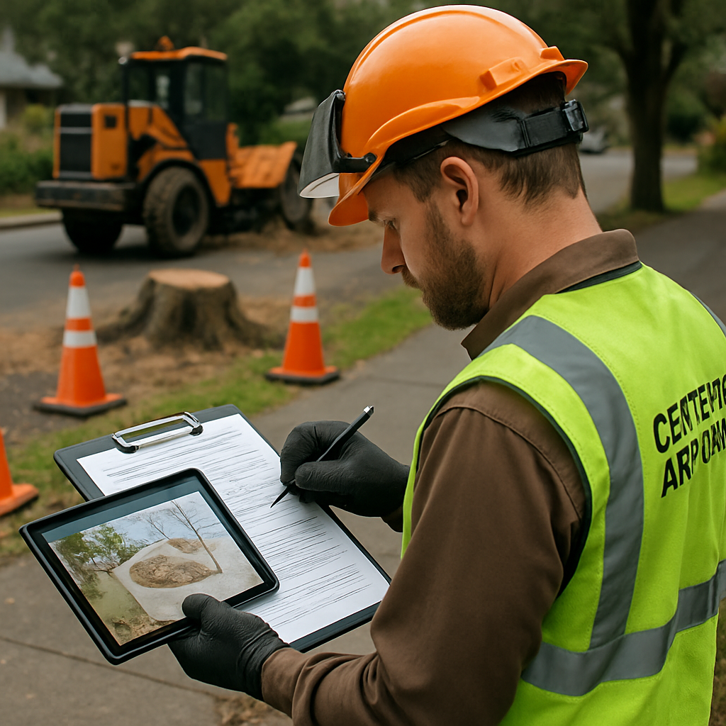 Photo realistic image of a certified arborist filling out a permit packet at a Portland tree removal site, with a tablet showing a site sketch, permit forms visible, safety cones and a stump grinding machine in the background - professional mood