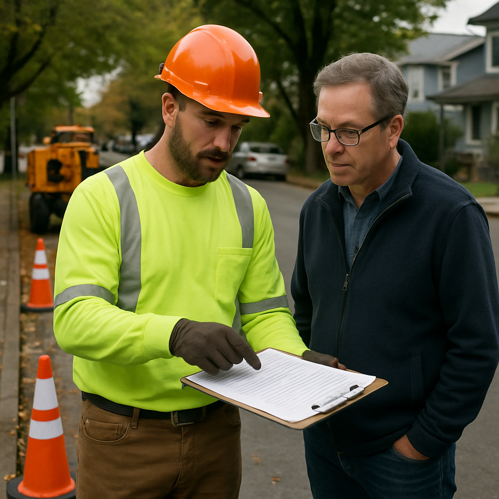 Photo realistic image of a licensed arborist reviewing a signed estimate and permit paperwork with a homeowner beside a sidewalk in Portland, showing safety cones, a stump grinder, and a city street in the background - professional mood