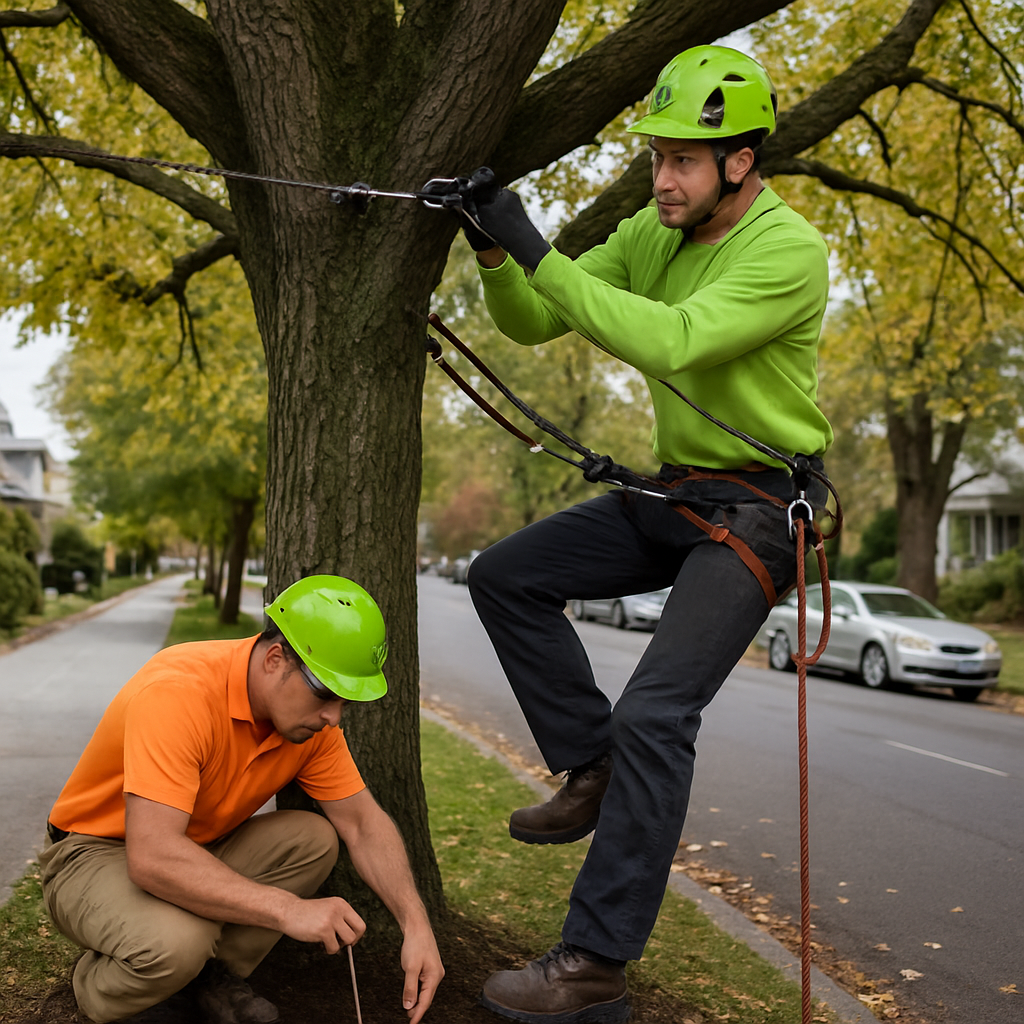 Photo realistic image of an ISA certified arborist installing cabling in a mature urban tree while another crew member measures soil for a future planting site, with Portland street and sidewalk visible, professional mood