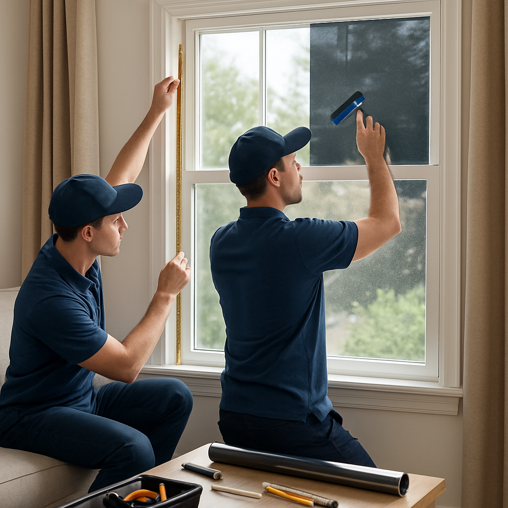 Two technicians cutting and installing privacy window film on a residential double-hung window inside a living room; one technician measures while the other applies film with squeegee, daylight visible through window, professional tools organized nearby