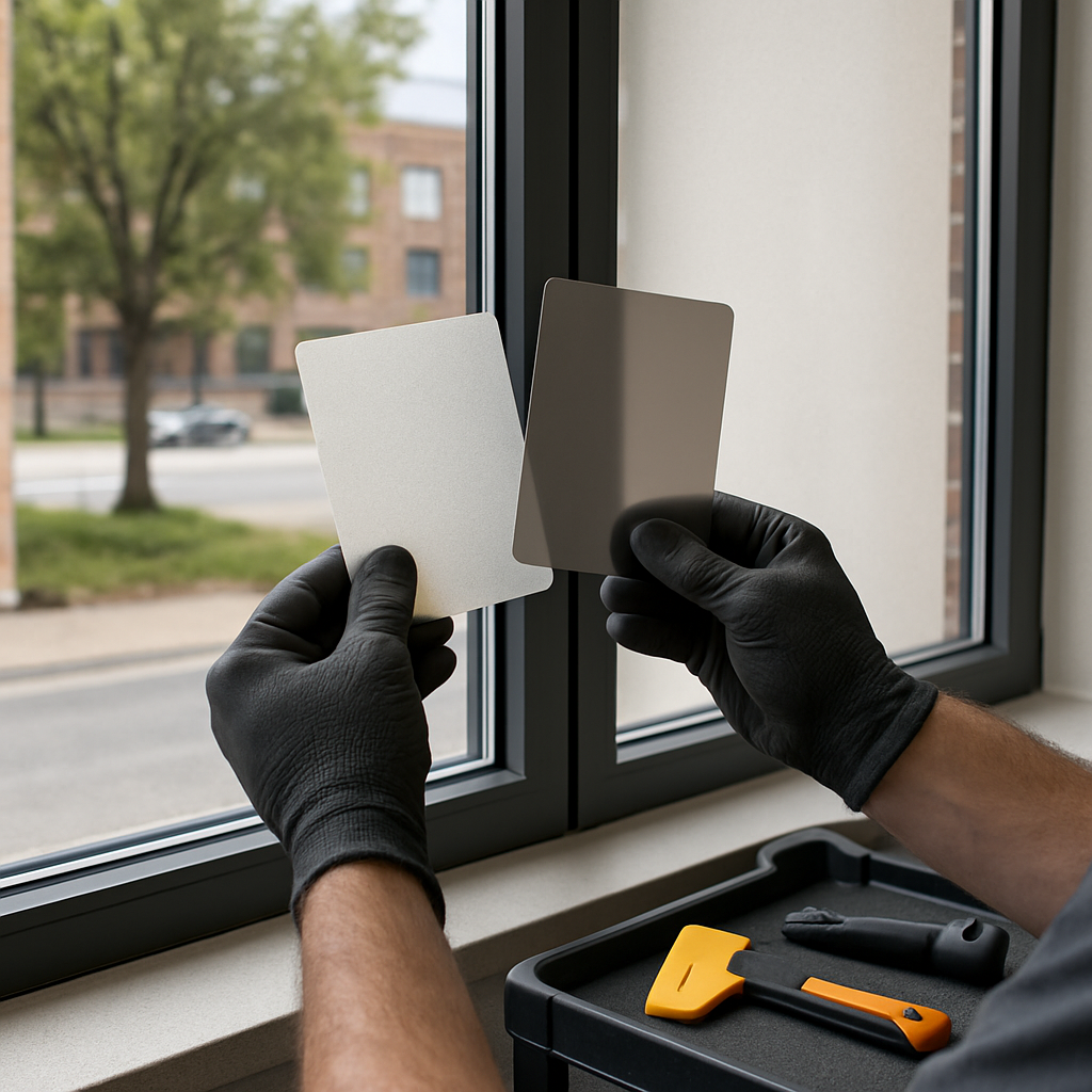 Close-up of a technician holding frosted and ceramic film swatches next to a double-pane office window, showing exterior street view through untreated glass on one side and frosted effect on the other; professional tools on a nearby cart, photo realistic
