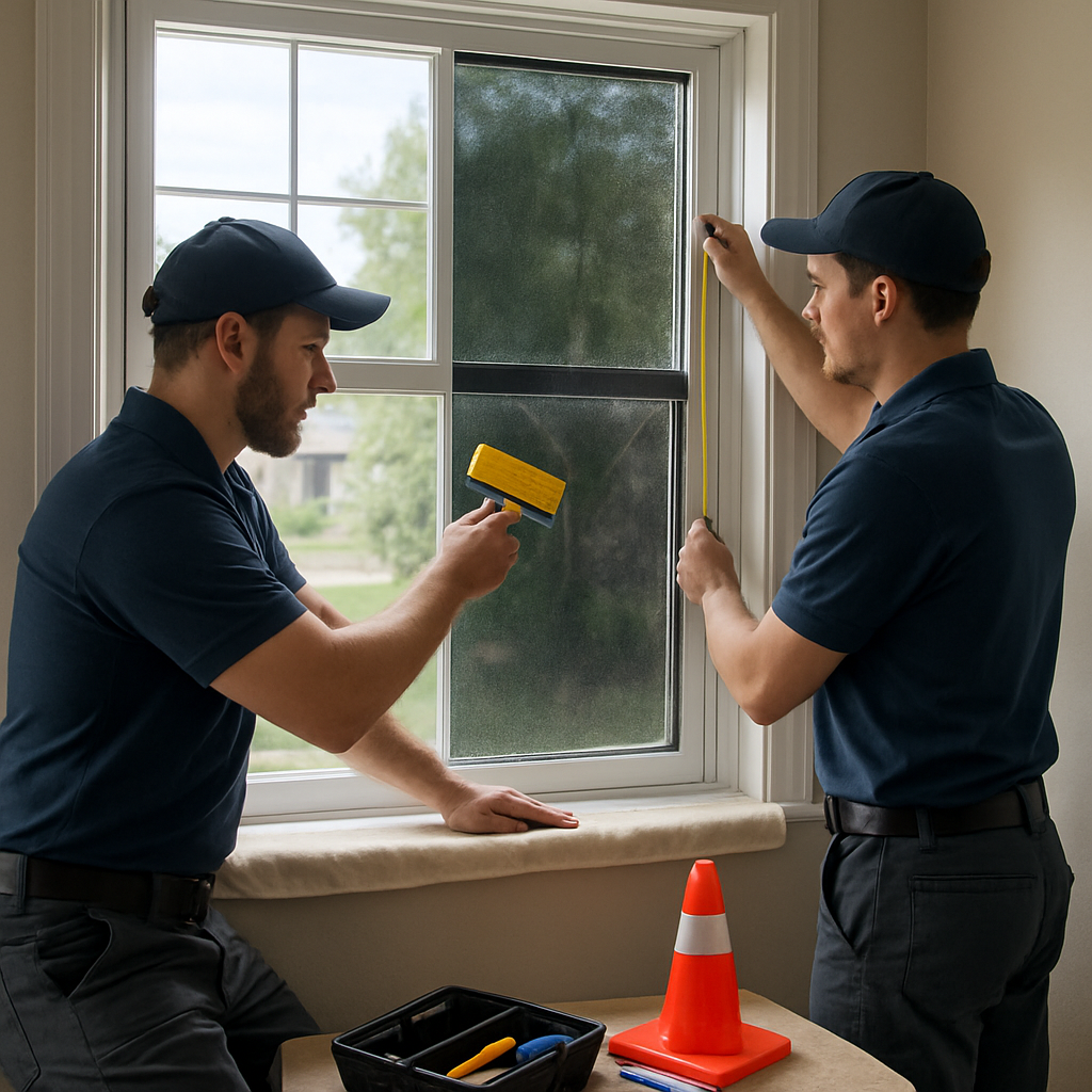Two professional technicians installing privacy window film on a residential double-pane window; one technician protects the sill and applies film with a squeegee while the other measures, tools and safety cones visible, daylight through window, photo realistic