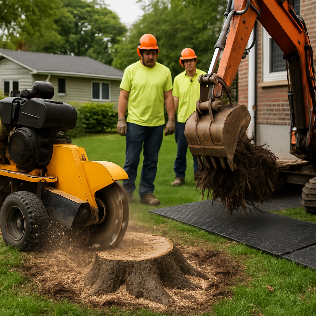 Photo-realistic image of a stump grinder cutting a tree stump in a suburban lawn contrasted with an excavator removing a root ball at a foundation edge; professional crew with safety gear and site protection mats visible