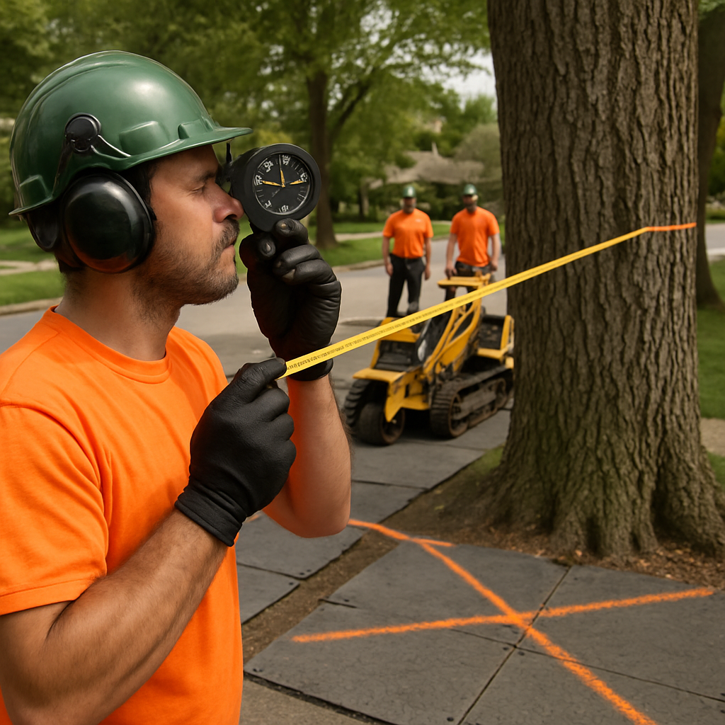 Photo realistic image of an arborist using a clinometer and tape to measure a large street tree while a stump grinder and crew stand by; protective mats under equipment and marked fall zone visible