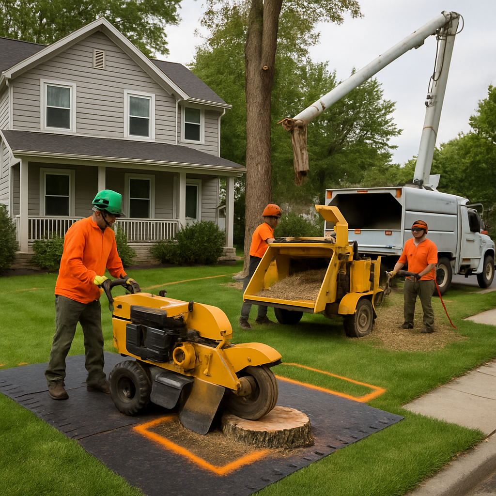 Photo realistic image of a suburban tree removal job showing a crew operating a stump grinder and chipper, a marked drop zone, protective mats on turf, and a bucket truck staged for sectional removal; professional crew in safety gear
