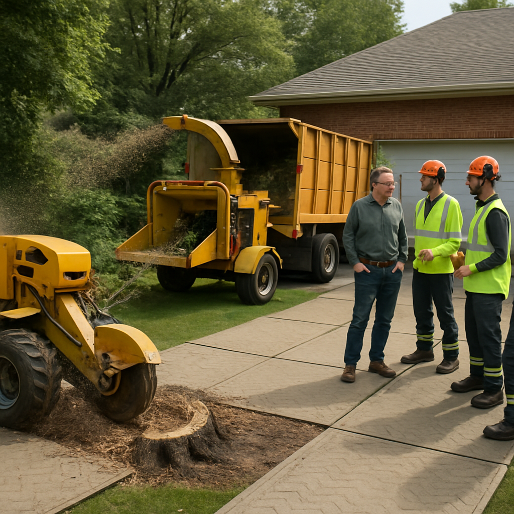 Photo realistic image of a tree removal crew mid-job: protective mats over a lawn, a stump grinder in action, a chipper processing limbs, crew members in high-visibility gear conducting a site briefing with a homeowner, residential driveway visible