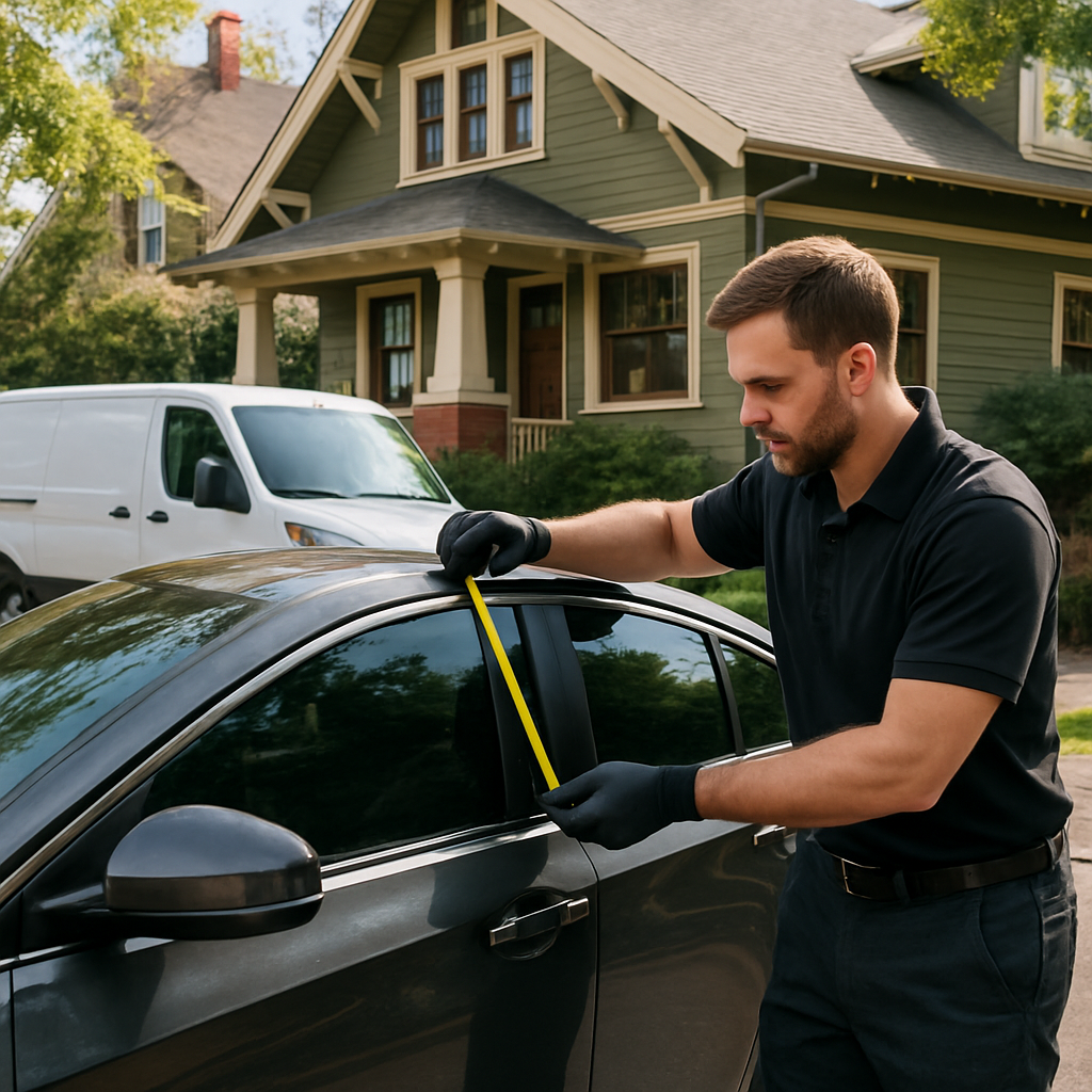 A professional technician measuring a car window for tint outside a Portland craftsman house; company van parked nearby with subtle branding; daylight, photo realistic, professional mood