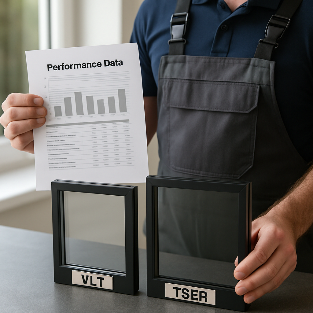 Close-up of a window installer holding a printed performance data sheet beside two window samples labeled VLT and TSER, photo realistic, professional mood