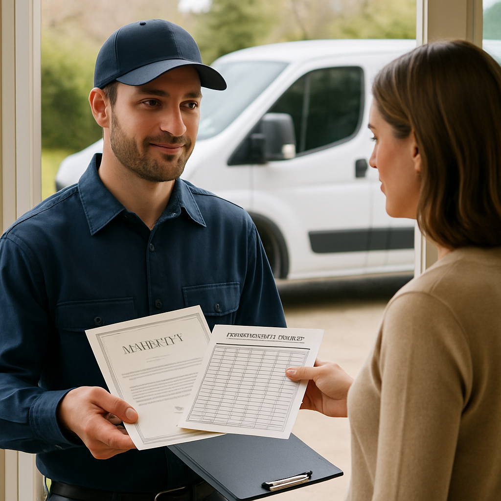 A technician handing a printed warranty certificate and a manufacturer performance data sheet to a homeowner in front of a residential window; clipboard and van visible in background; photo realistic; professional mood