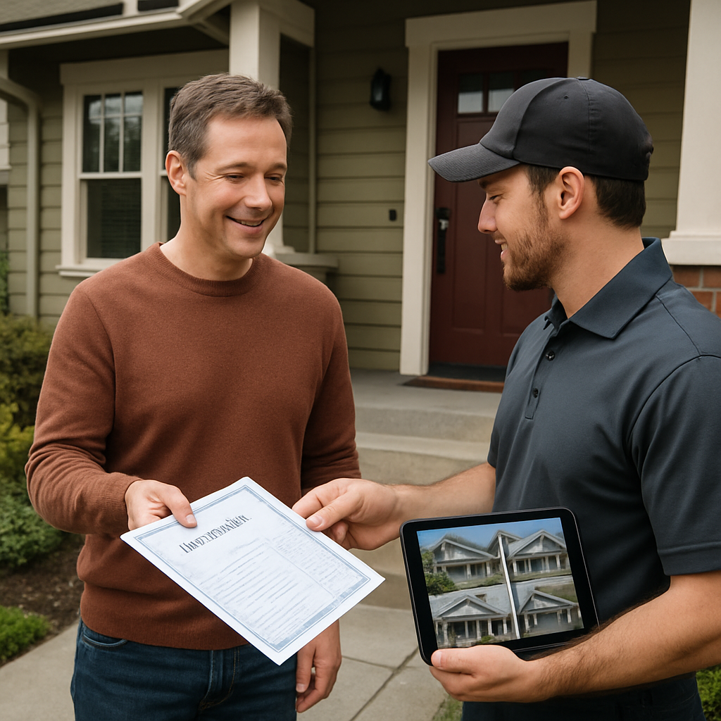 A technician handing a printed warranty certificate and a manufacturer performance data sheet to a homeowner during an on-site estimate outside a Portland craftsman house; tablet displaying project photos; photo realistic