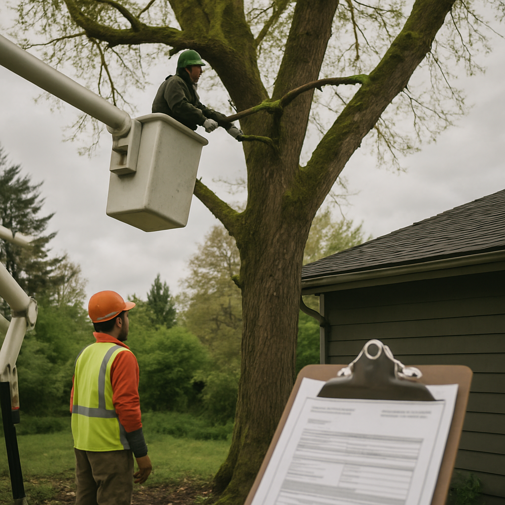 Photo realistic image of a certified arborist in Portland using a bucket lift to prune a large bigleaf maple beside a residential roof, crew on ground with safety gear, clear signage showing insurance and permit paperwork on a clipboard, overcast Pacific Northwest lighting, professional mood