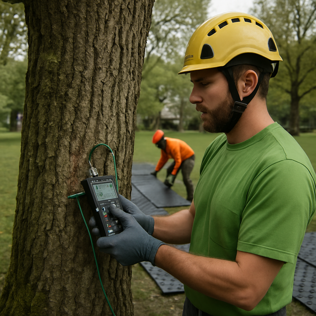 Photo realistic image of a certified arborist in Portland using a portable decay detector near the trunk of an Oregon white oak, ground crew installing protective mats to prevent soil compaction, overcast Pacific Northwest light, professional mood