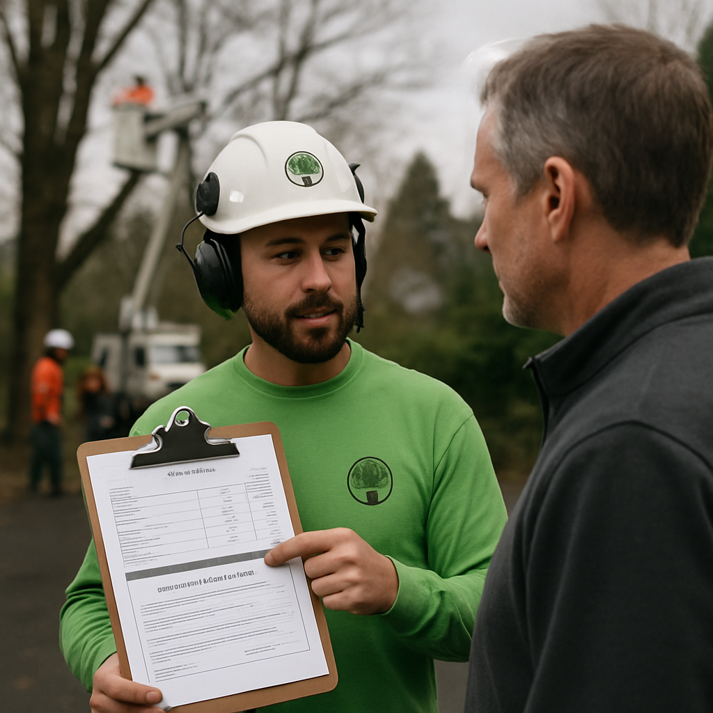 Photo realistic image of a certified arborist in Portland showing an itemized written estimate and a certificate of insurance on a clipboard to a homeowner, crew and bucket lift visible in the background, overcast Pacific Northwest lighting, professional mood