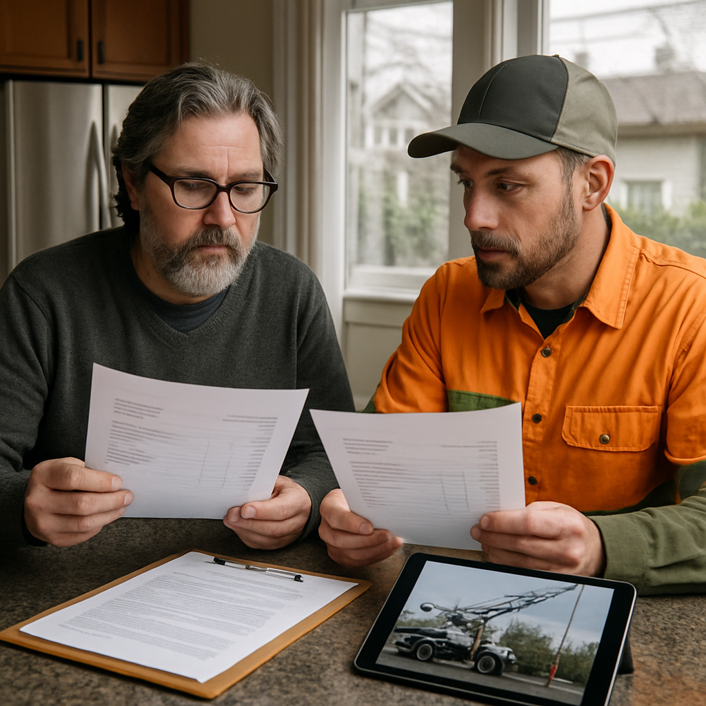 Photo realistic image of a Portland homeowner and a certified arborist comparing two printed, itemized estimates at a kitchen table with a clipboard showing permit paperwork and a tablet displaying a crane rental quote; overcast Pacific Northwest lighting; professional mood
