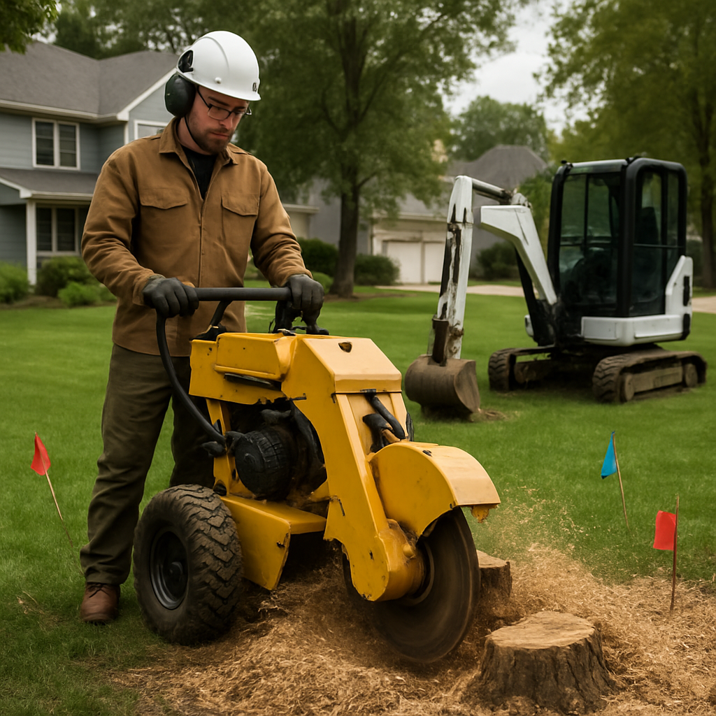 Photo realistic image of a contractor operating a Vermeer stump grinder on a suburban lawn, showing wood chips, marked utilities flags, and a mini-excavator staged nearby. Professional, analytical mood.