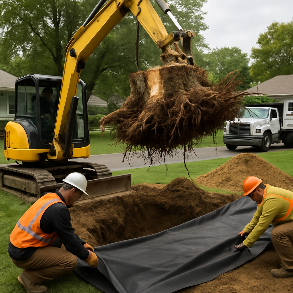 Photo realistic image of a mini-excavator lifting a large tree stump out of a suburban yard, showing exposed root mass, workers placing geotextile fabric, compacted backfill piles, and a truck staged for haul-away. Professional, analytical mood.