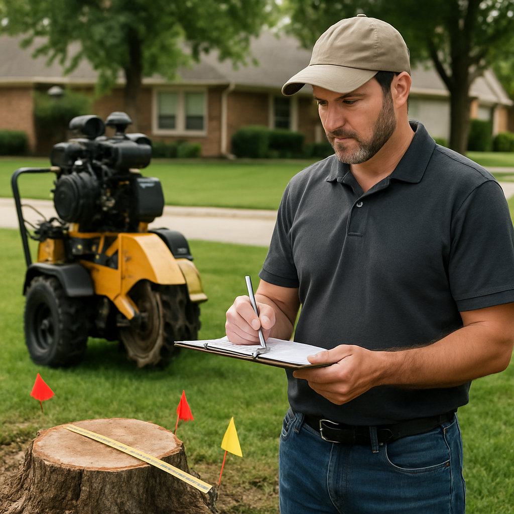 Photo realistic image of a contractor holding a written estimate clipboard beside a stump grinder on a suburban lawn, with a measuring tape extended across a stump and marked utility flags visible. Professional, analytical mood.