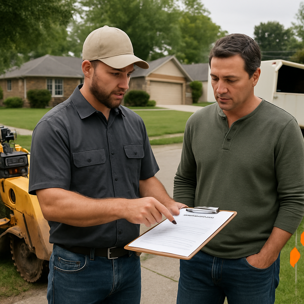 Photo realistic image of a contractor reviewing a signed work order with a homeowner beside a parked tracked stump grinder, displaying an insurance certificate on clipboard, colored utility flags in the lawn, and a chip truck staged in the street. Professional, practical mood.