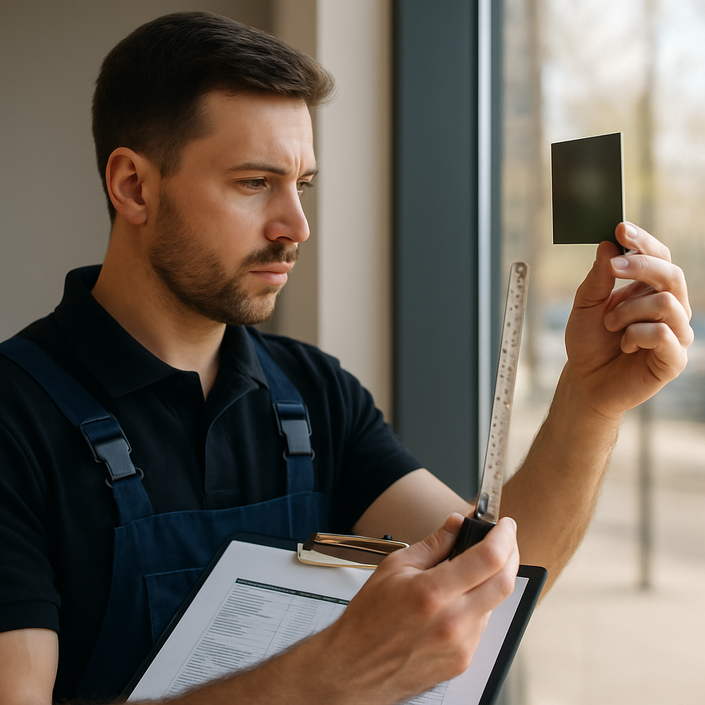 Professional window film installer measuring and holding a small film sample next to a sunlit commercial window pane, with a printed manufacturer data sheet visible on a clipboard; photo realistic, professional mood