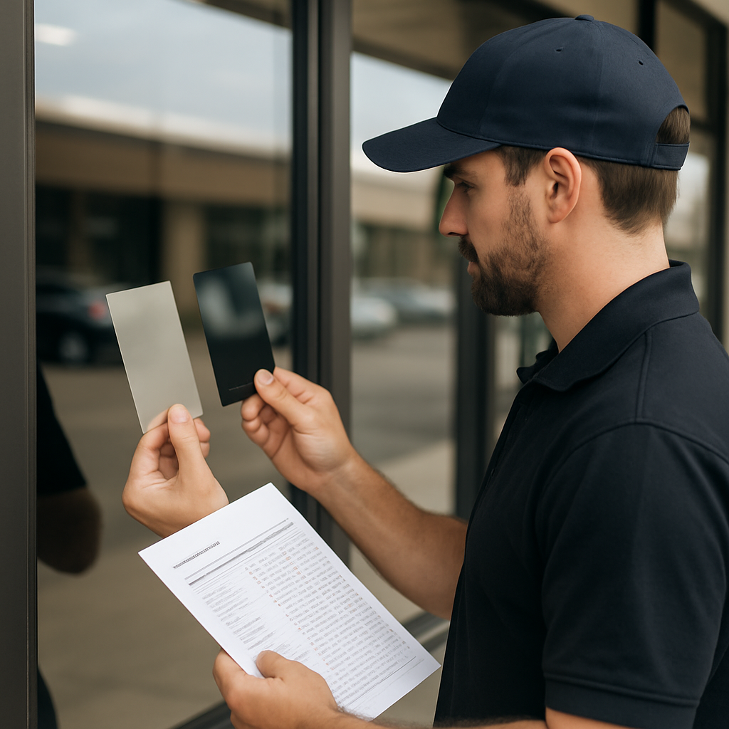 Photo realistic image of a professional installer holding two labeled window film swatches and a printed manufacturer technical data sheet next to a commercial storefront window; professional mood