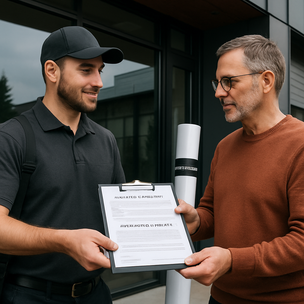 Photo realistic image of a window film estimator handing a printed certificate of insurance and a manufacturer warranty PDF on a clipboard to a homeowner outside a modern Oregon storefront, with a labeled film roll in the background; professional mood