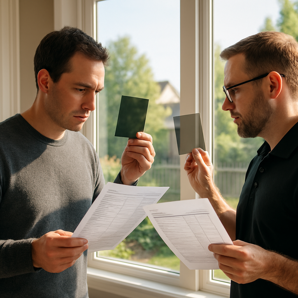 Photo realistic image of a homeowner and a window film estimator comparing two printed, itemized quotes and holding different film swatches in front of a sunlit west-facing window; professional, analytical mood
