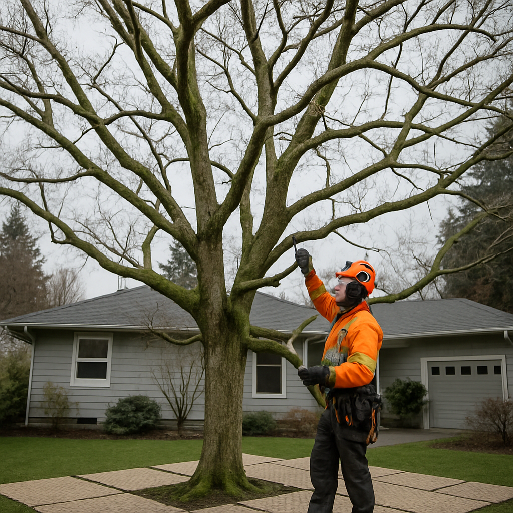Photo of a certified arborist performing winter structural pruning on a large maple in a Portland residential yard; visible ground protection mats, crew with safety gear, overcast sky typical of Portland winter