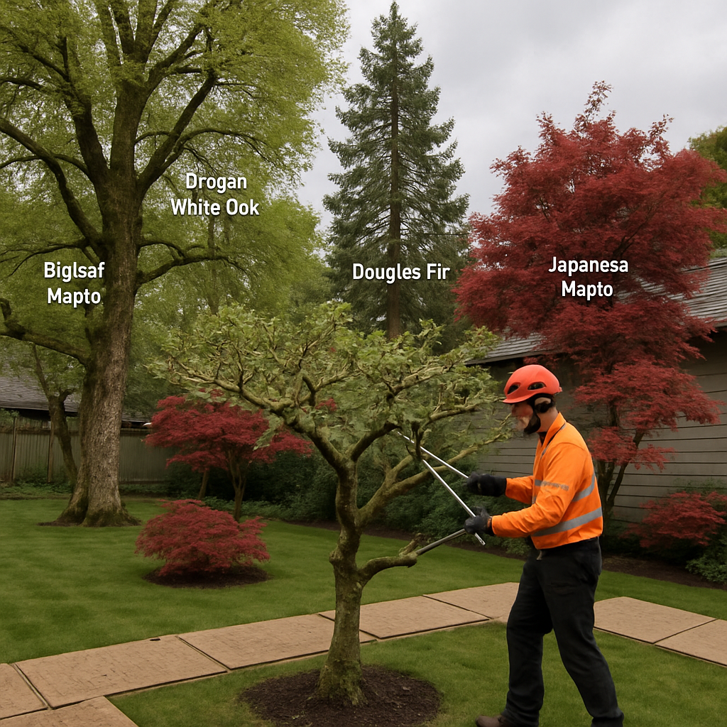 Photo realistic image of a Portland residential yard showing five labeled trees: bigleaf maple, Oregon white oak, Douglas fir, Japanese maple, and apple tree. Crew member in safety gear makes a precise pruning cut on an apple scaffold. Overcast sky and ground protection mats visible. Professional mood.