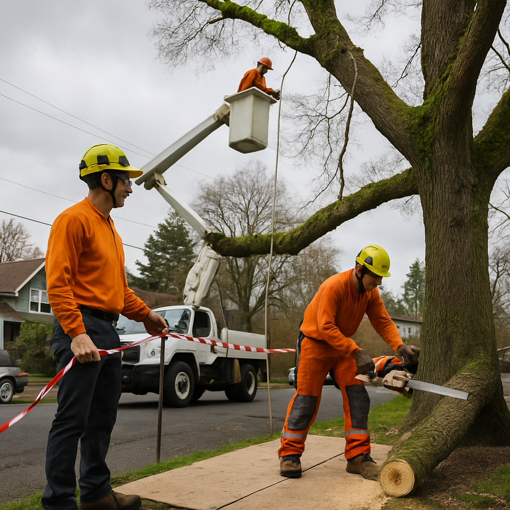 Photo realistic image of a Portland residential crew performing safe removal of a hazardous limb: crew wearing helmets, eye protection, chainsaw chaps, ground protection mats, a spotter cordoning off the drop zone, and a clear rigging line to a bucket truck. Overcast Portland sky, professional mood.