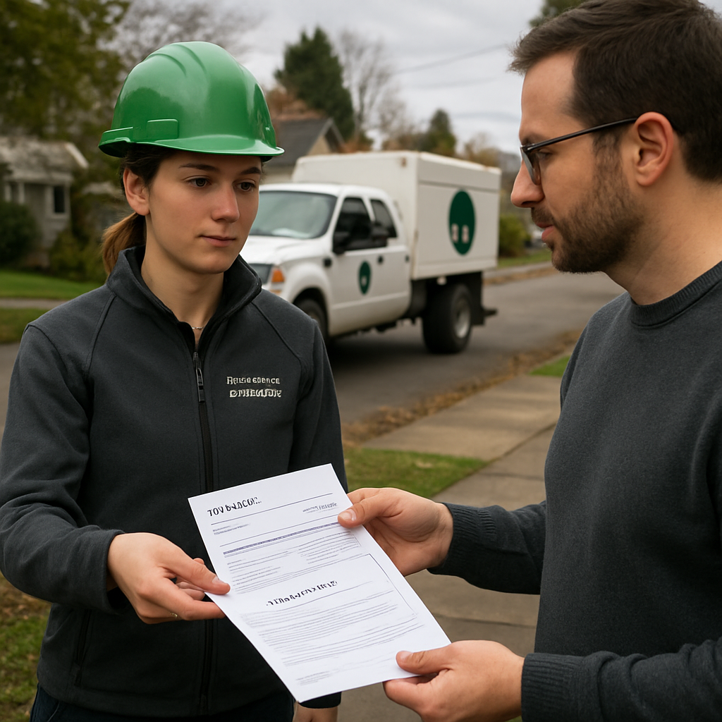 Photo realistic image of a Portland licensed arborist handing a homeowner a printed, itemized estimate and a certificate of insurance; a crew truck with a local company logo is parked on a residential street with overcast sky typical of Portland; professional mood