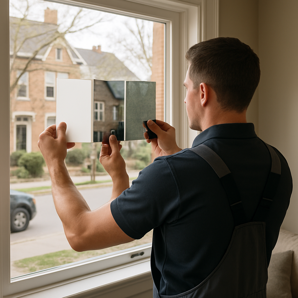 Photo realistic image of a professional installer holding several privacy tint swatches - frosted, reflective, and security film samples - up to a large living room window in a Portland-era townhouse. Show natural daylight outside, installer wearing a kit, and swatches labeled. Professional mood.