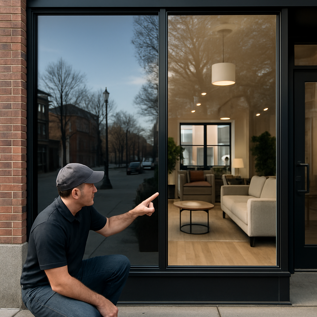 Photo realistic image of a storefront with half the window fitted with dual-reflective film and the other half untreated; show daytime reflected exterior, interior furnishings visible behind untreated glass, and an installer pointing to the transition. Professional mood, clean urban Salem street.
